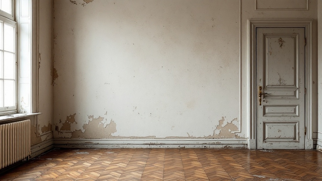Wohnzimmer vor der Renovierung mit alten Tapeten und abgenutztem Parkettboden