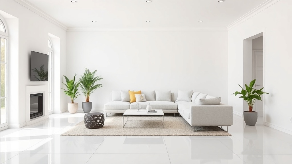 Frisch renoviertes Wohnzimmer mit weißen Wänden, neuem Klickvinylboden und modernen Fußleisten