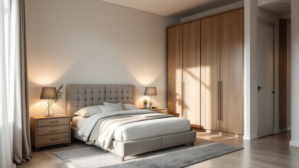 Schlafzimmer mit Doppelbett, Kleiderschrank und Nachttischen – Beispiel für optimale Raumaufteilung