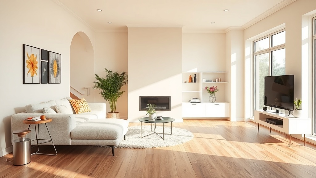 Frisch renoviertes Wohnzimmer mit neuem Boden und gestrichenen Wänden