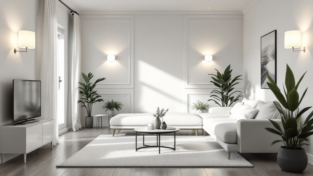Helles Wohnzimmer mit weißen Wänden und indirekter LED-Beleuchtung